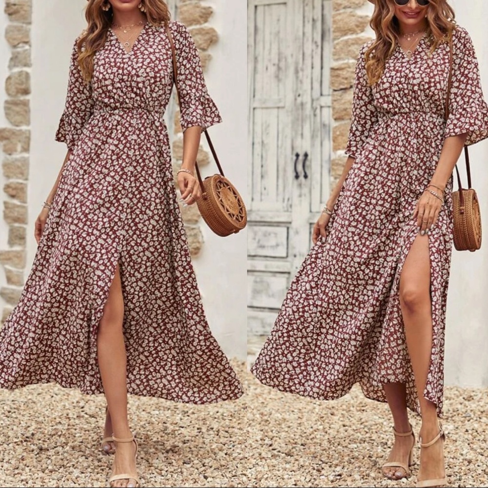 Boho gypsy floral split hem maxi dress- MAROON